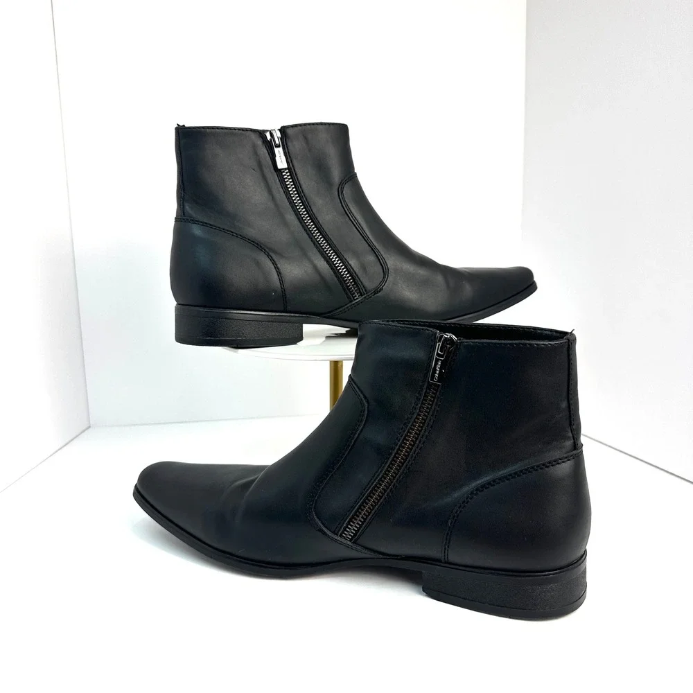 Side Zip Square Toe Dress Boots Mens 11.5 Black Faux Leather Sleek Stylish